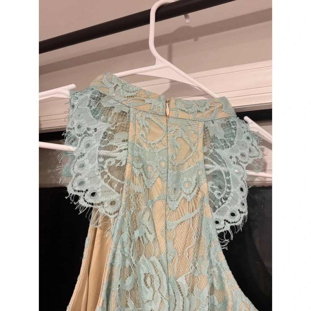 Southern Fried Chics Light Blue Lace‎ Halter Midi Dress Eyelash Trim Size Medium